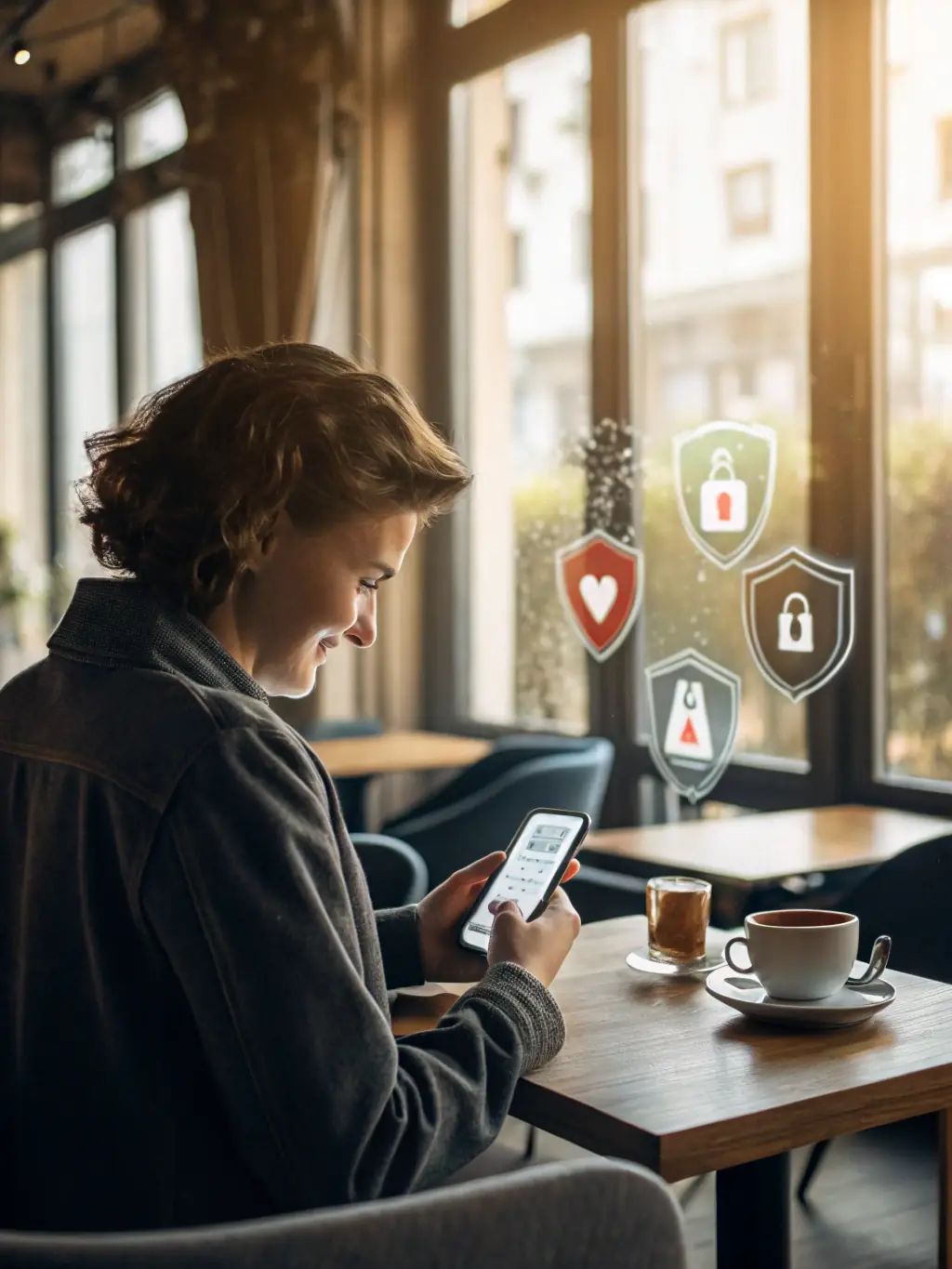 A person using a smartphone with a visible shield icon on the screen, representing mobile security provided by Tech Code LLC.