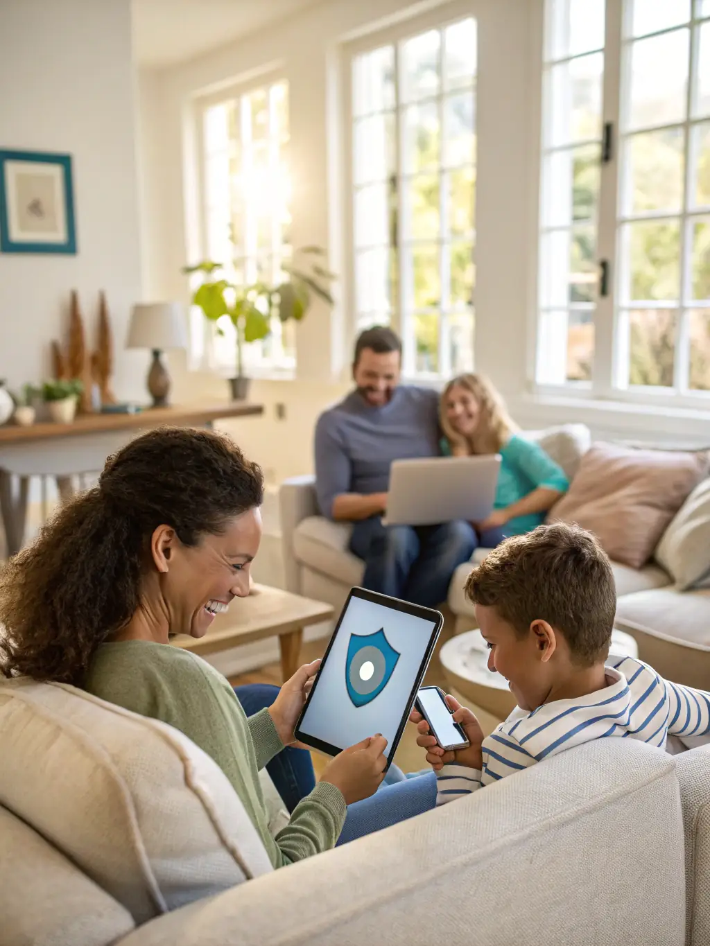 A family using various devices (laptop, tablet, smart TV) in a secure home environment, all protected by Tech Code LLC's services.