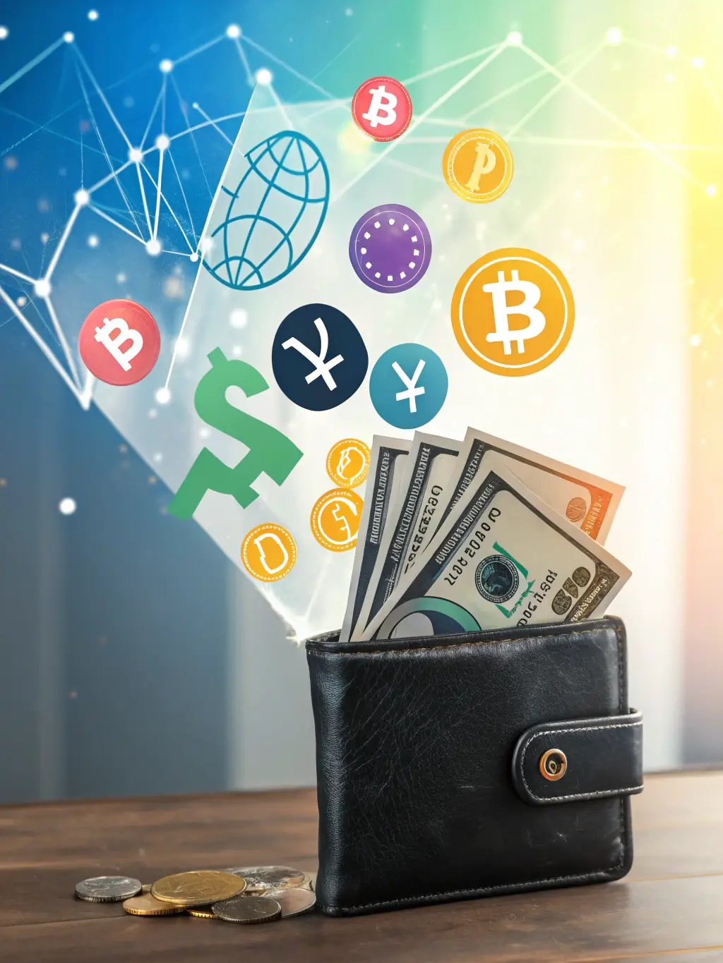 A digital wallet with various cryptocurrency icons, surrounded by a protective shield, symbolizing the security of digital assets.