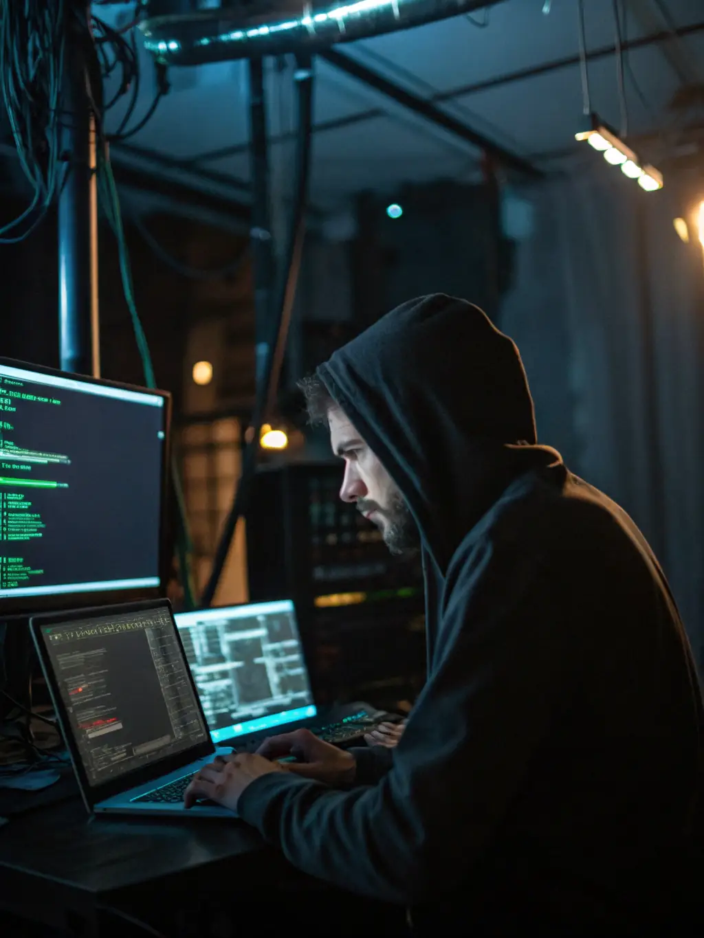 A white-hat hacker working at a computer, symbolizing the expertise and vigilance of Tech Code LLC in cybersecurity.